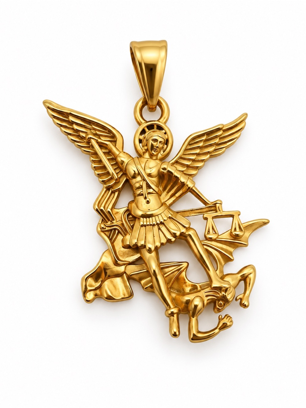 St Michael Archangel Gold Tone Stainless Steel Religious Pendant